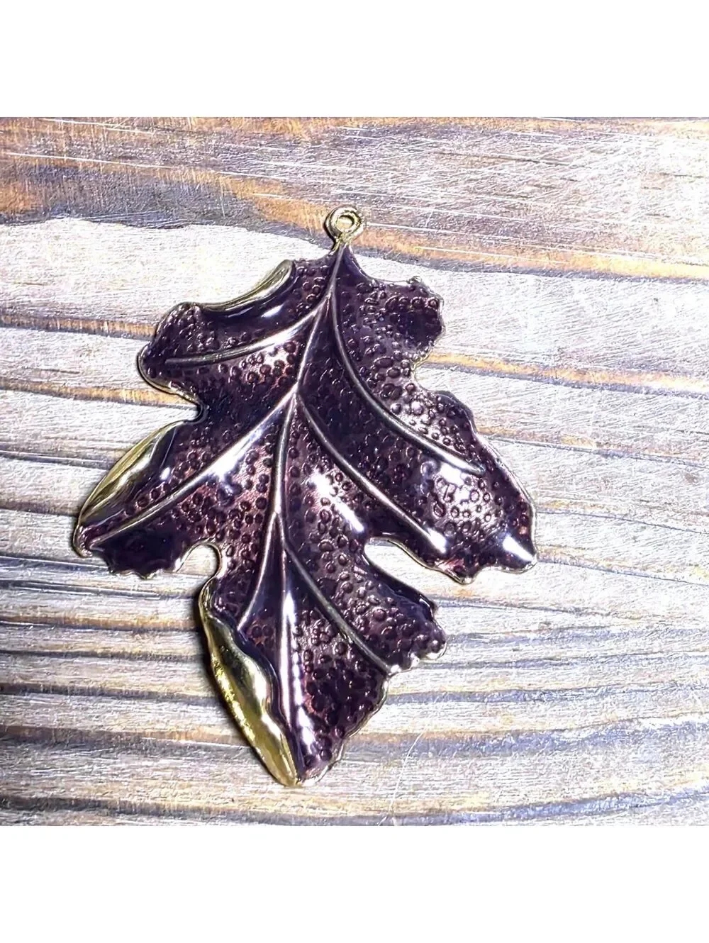 Coppery Brown Enamel on Gold Tone Alloy 3D Textured Large Autumn Leaf Pendant